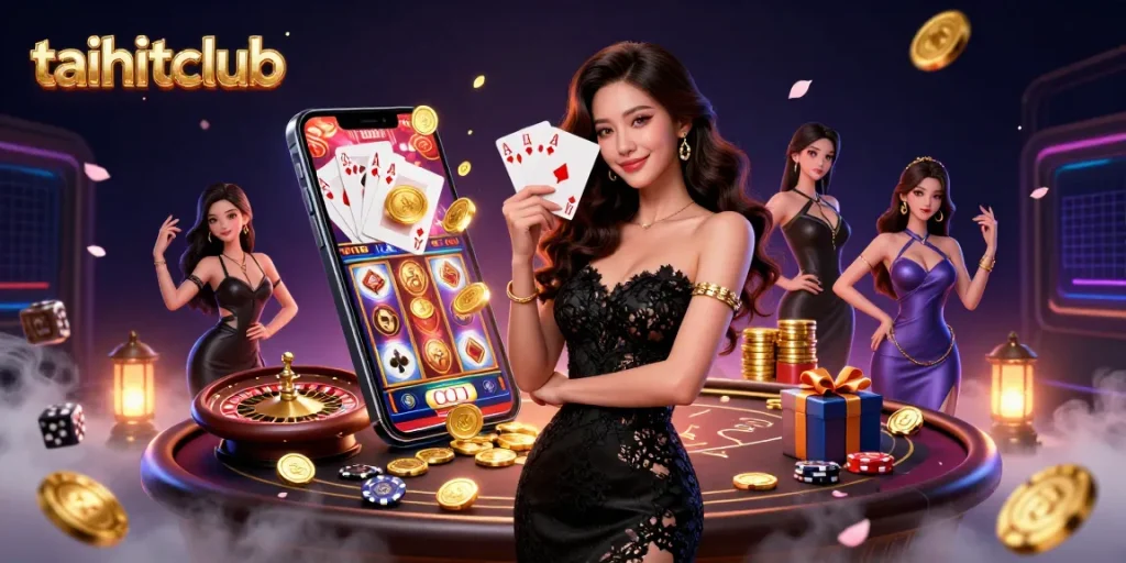Experience thrilling wins at taihitclub with a glamorous scene from a luxury casino, featuring poker games and vibrant slot action.