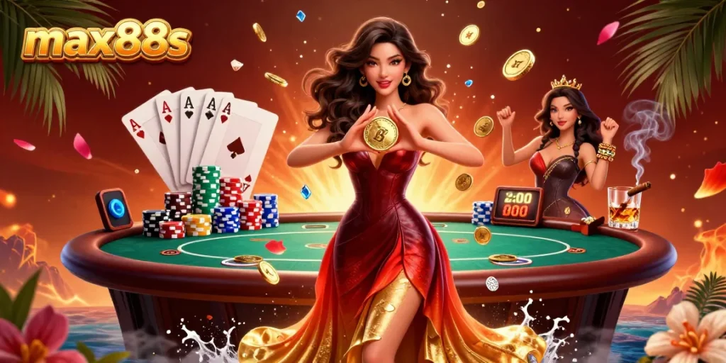 Max88s showcases thrilling casino gaming with rich visuals of poker and vibrant character elements.
