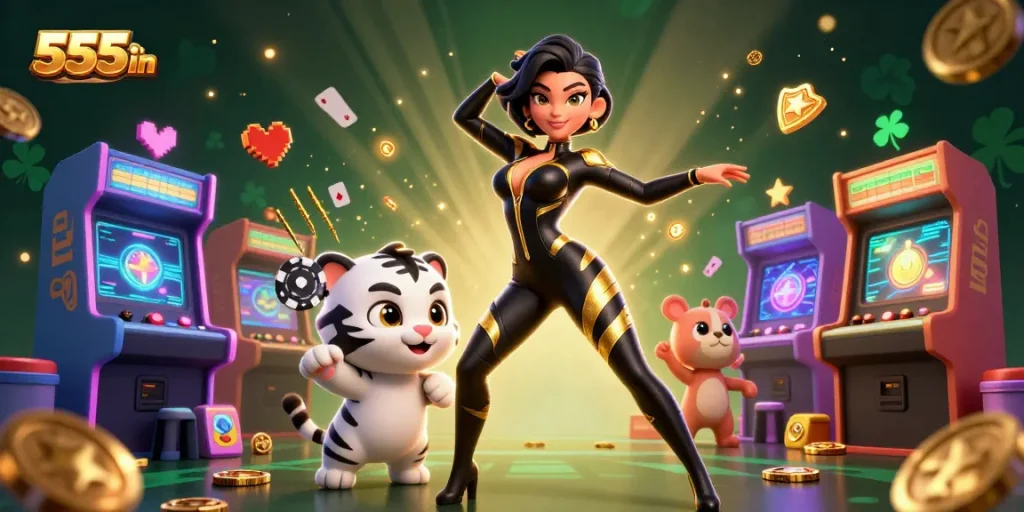 Engage with thrilling gaming at 555win, where a stunning woman joins a playful tiger and vibrant casino elements.