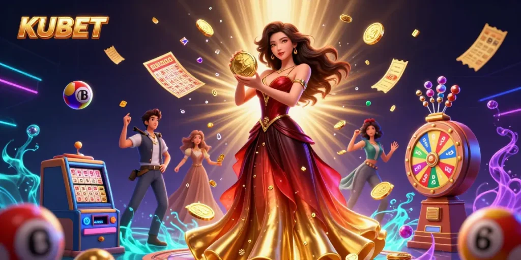 KUBET showcases a stunning Asian woman holding a golden coin surrounded by dynamic casino elements in an exciting gambling scene.