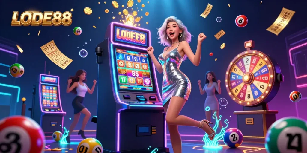 Experience the excitement of LODE88 as colorful lottery balls celebrate a big win!