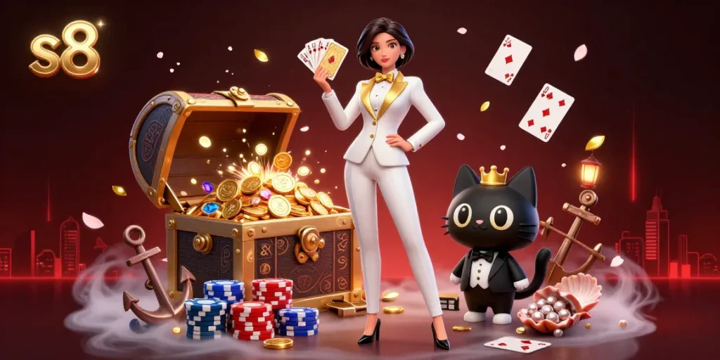 Experience the thrilling world of s8 with a glamorous woman shuffling cards alongside a tuxedo cat amidst sparkling casino elements.
