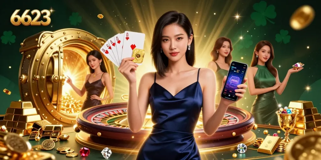 Engage and win big with 6623, featuring a confident woman holding a casino app and golden chip.