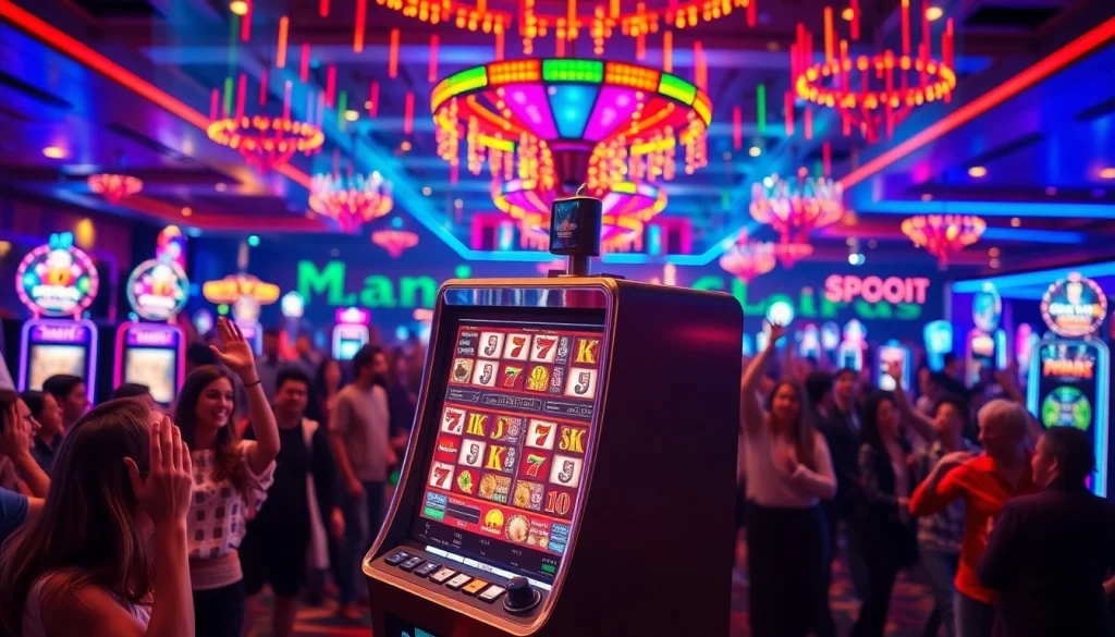 Menangkan di slot gacor dengan mesin slot berwarna cerah dan suasana kasino yang meriah.