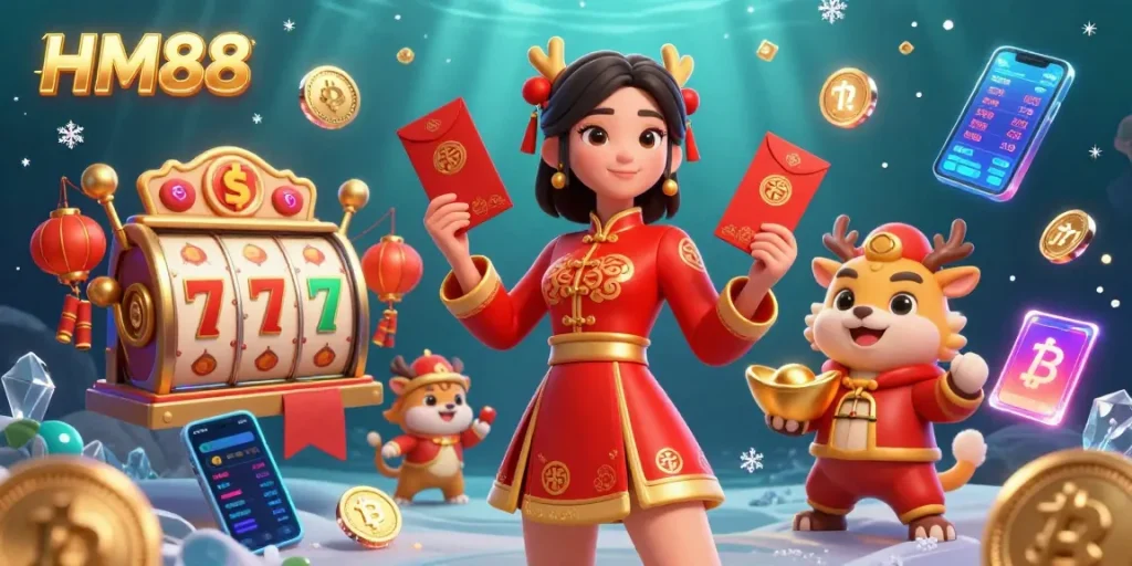 Engage in thrilling gameplay with HM88, showcasing a festive scene with vibrant characters and dynamic casino elements.