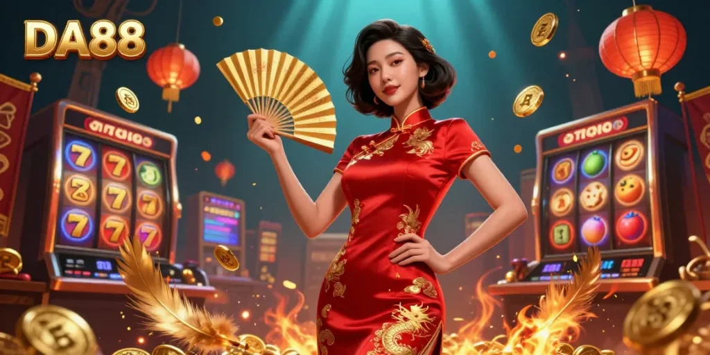 Experience thrilling gameplay with DA88 as vibrant slot reels and golden coins swirl around a confident Asian woman.