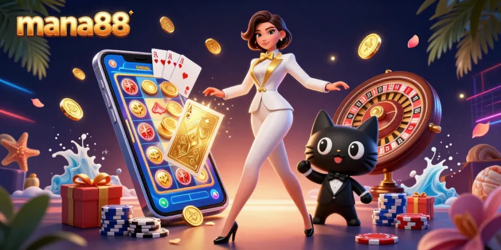 Experience excitement at mana88 with glamorous gaming scenes featuring captivating characters and vibrant casino games.