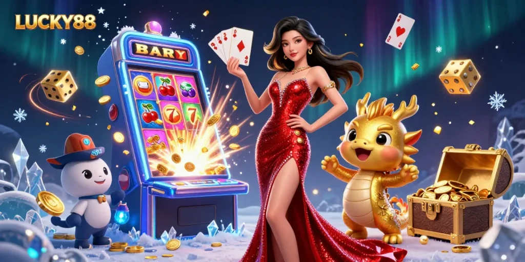 Experience thrilling play at LUCKY88 with a dazzling jackpot scene featuring vibrant casino elements.
