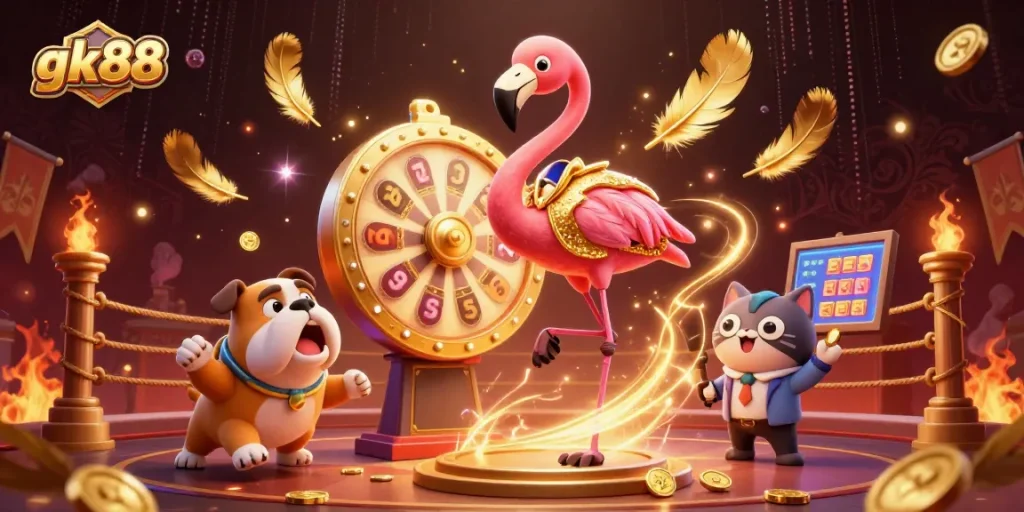 Engage with gk88's thrilling casino experience featuring a 3D game show host and excited contestants.