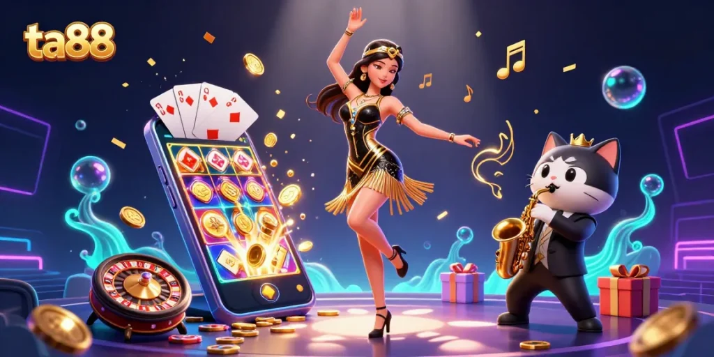 Experience thrilling gameplay at ta88 with an engaging casino scene full of vibrant characters and slot games.