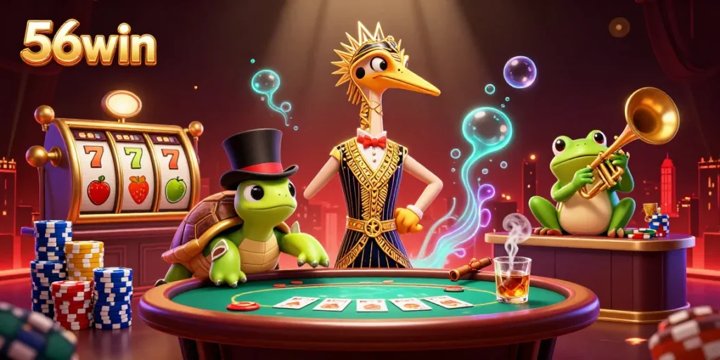 Engage in exciting gameplay with 56win's colorful casino scene featuring vibrant slots and poker elements.