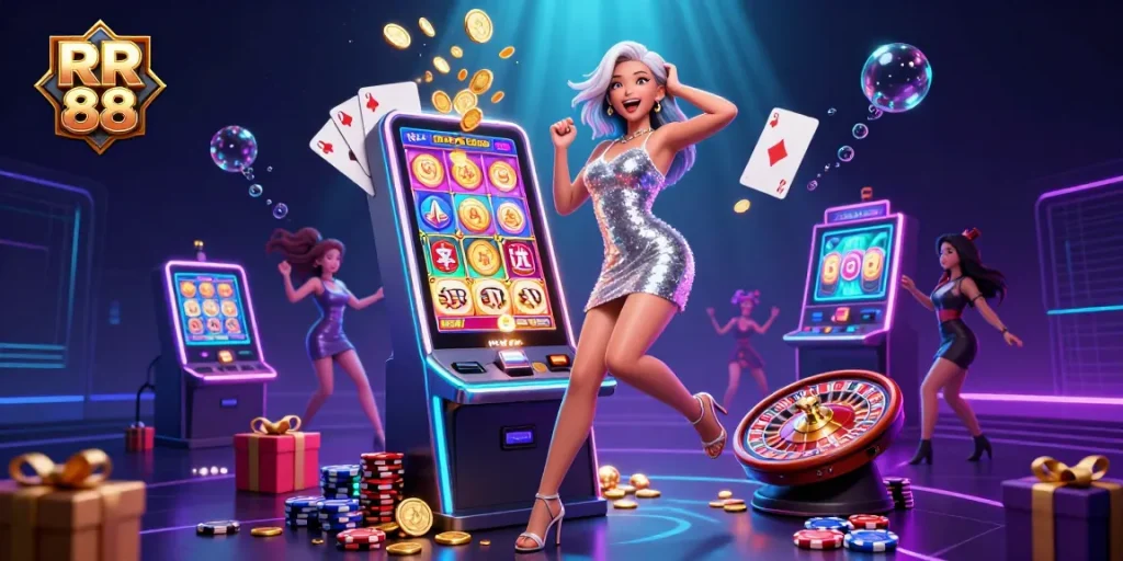 Experience the excitement of RR 88 with a jackpot scene featuring thrilling slot games and vibrant casino elements.