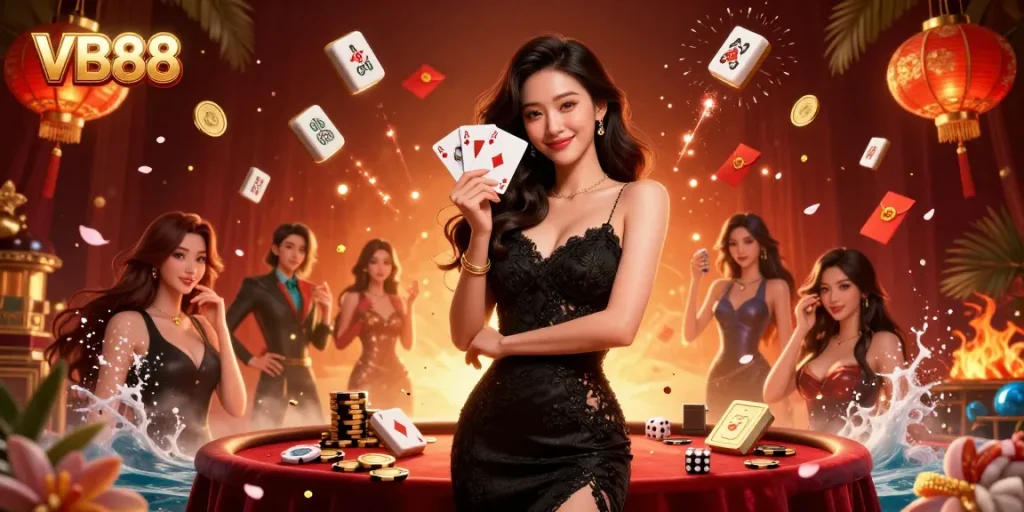 Join the thrill at VB88 casino, where an elegant player wins with ace cards amidst vibrant decorations.