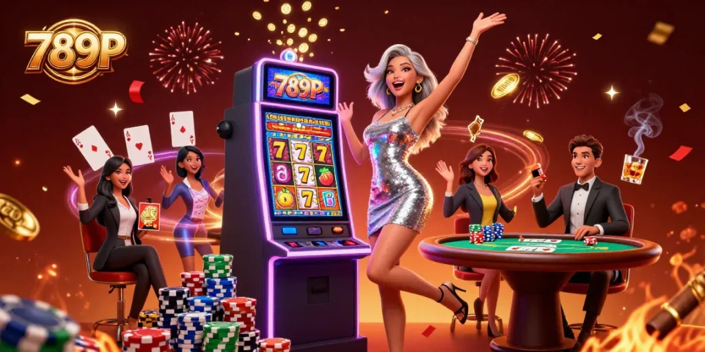 Experience thrilling wins with 789P as golden coins erupt from a jackpot slot machine.
