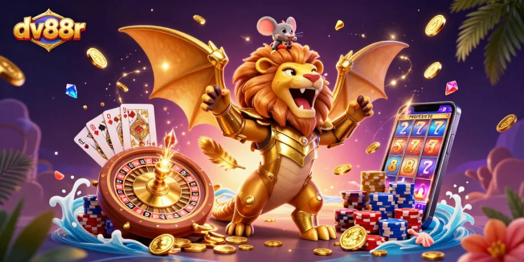 Join the exhilarating action at dv88r with a triumphant chimera, golden coins, and thrilling casino elements.