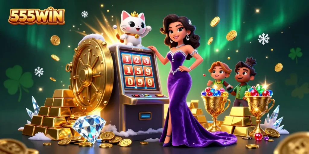 Engage in winning excitement at 555WIN, surrounded by luxurious jackpot symbols and treasures.