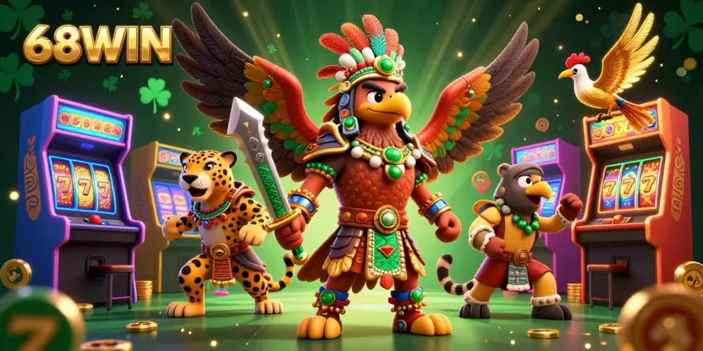 Experience thrilling gameplay at 68WIN with the lively Aztec warriors amidst slot reels and golden jackpots.