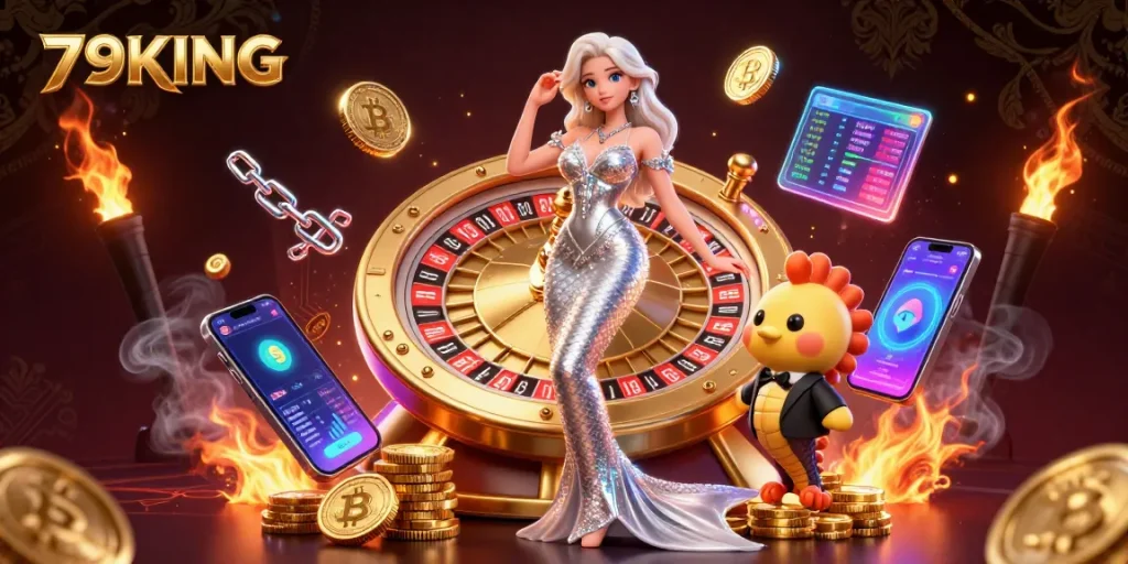 Engage in exciting casino gameplay with 79KING's stunning illustrated scene of a roulette wheel and crypto elements.
