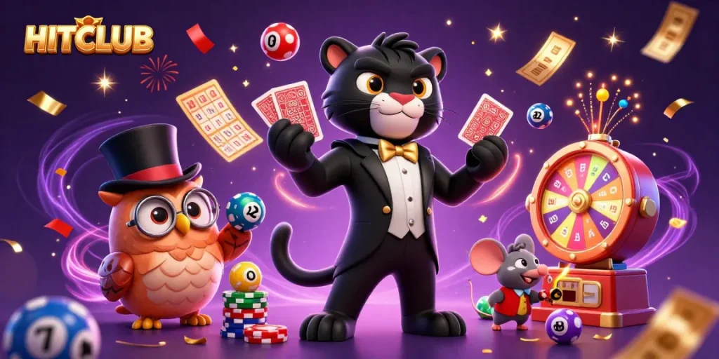 Engage in thrilling games at HITCLUB with a stylish panther dealer and vibrant casino elements.