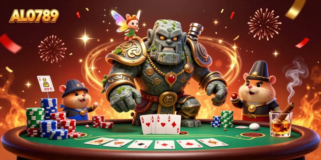Experience ALO789's dynamic casino adventure with vibrant poker elements and magical characters.