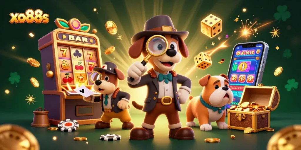 Win big at xo88s with a vibrant cartoon scene showcasing a detective and gambling elements amidst a rich casino backdrop.