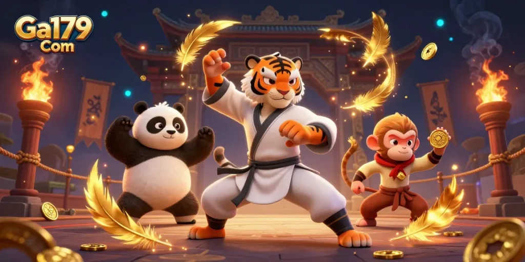 Engage in thrilling cockfighting action at Ga179 Com with animated characters showcasing their skills.