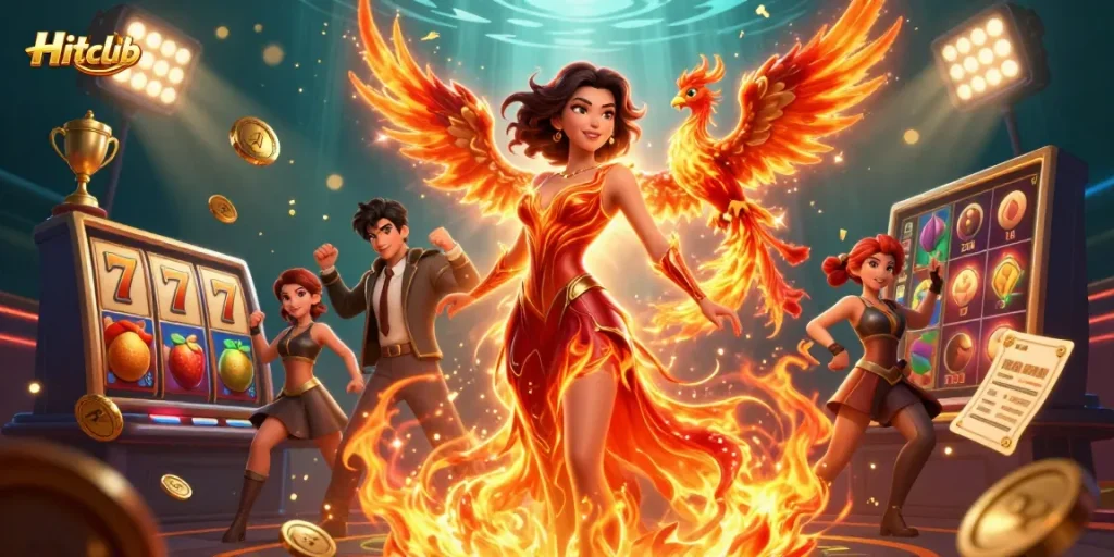 Hitclub showcases a vibrant casino scene with flames, slot reels, and dynamic game elements.
