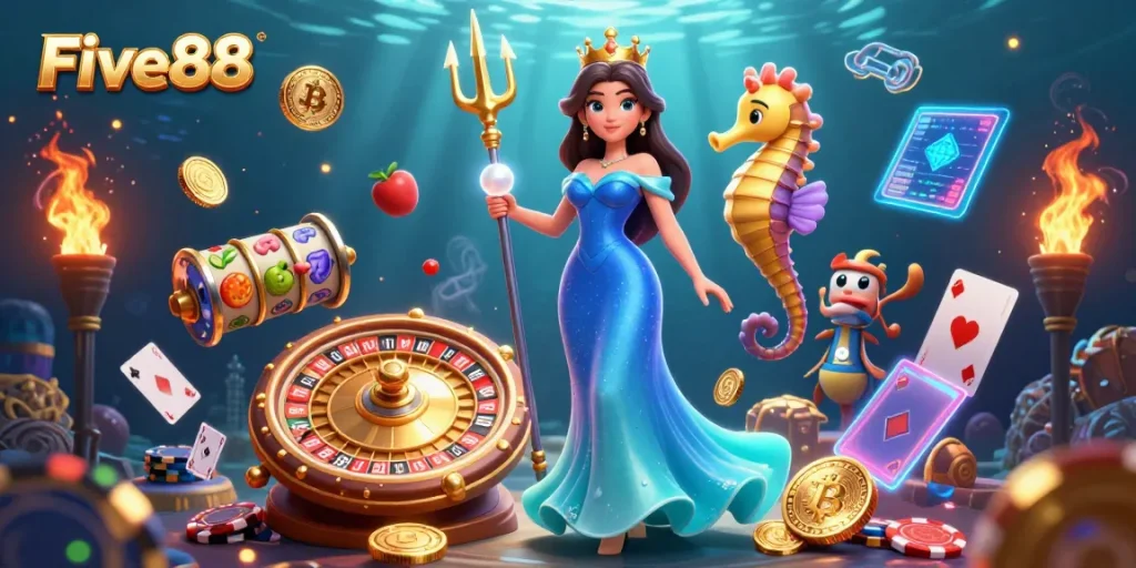 Engage in thrilling gaming experiences at Five88 with vibrant slot reels and an enticing environment.