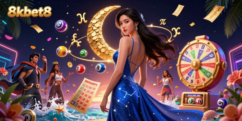 Engage with 8kbet8 in an exciting digital casino scene featuring zodiac-themed graphics and dynamic lottery elements.