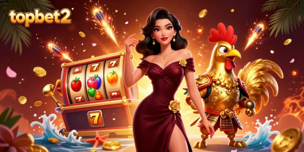 Experience the thrill of gaming with topbet2 at this vibrant 3D casino illustration featuring glamorous characters and dynamic slot elements.