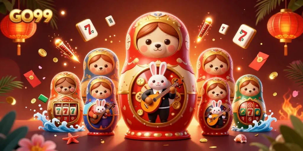 Engage in thrilling slots with GO99 as Matryoshka bears explore exciting casino worlds.