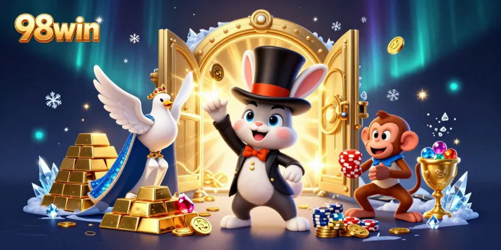 Join the excitement at 98win with a magician rabbit pulling coins, dazzling gold, and poker chips!