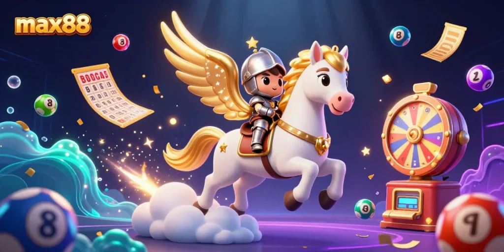 Experience the thrilling world of max88 with a vibrant dynamic casino scene full of lottery action and characters.