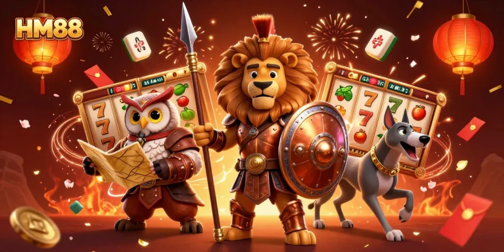 Engage with the thrilling dynamism of HM88's gaming scene as characters strategize amid vibrant casino elements.