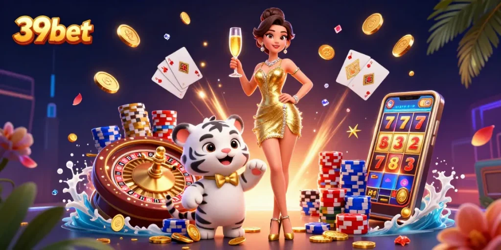 Experience thrilling wins at 39bet with glamorous characters, poker chips, and golden coins.