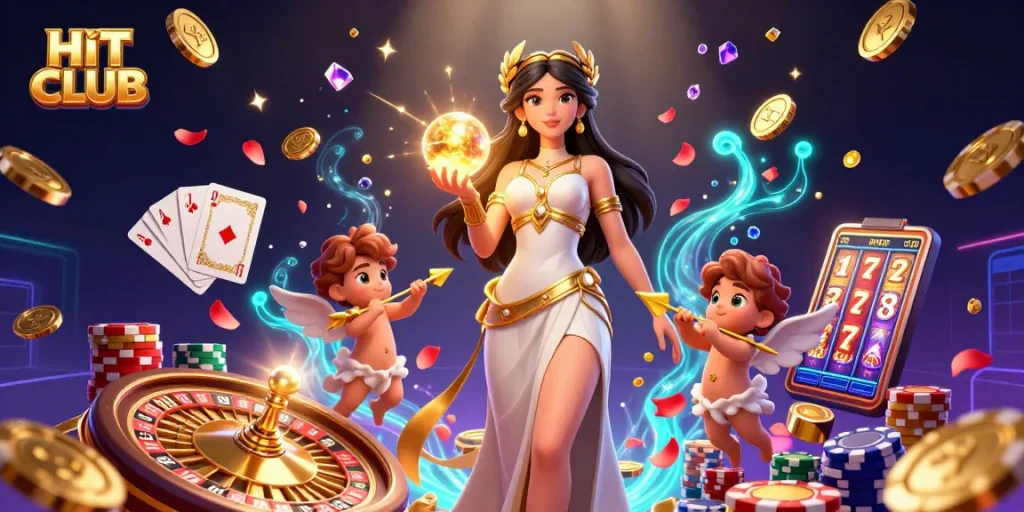 Spin to win at HIT CLUB with a goddess guiding you through a magical casino adventure.