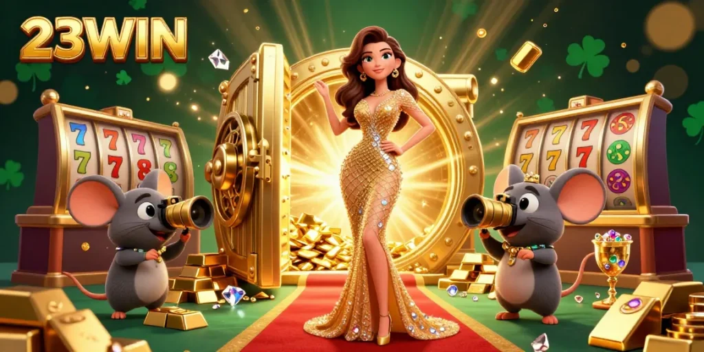 Play slots and win big at 23WIN, featuring a glamorous 3D casino scene with stunning visuals.