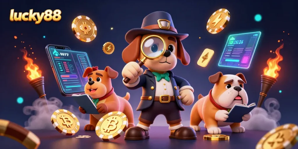 Join lucky88 in uncovering treasure as a detective bloodhound examines poker clues amid glowing digital coins.