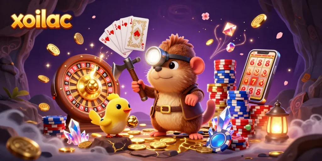 Xoilac treasure hunter mole collecting golden coins in a vibrant casino scene.