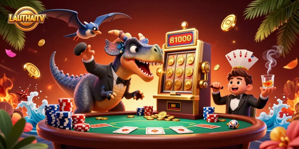 LAUTHAITV celebrates a dynamic jackpot scene with vibrant elements and engaging characters.