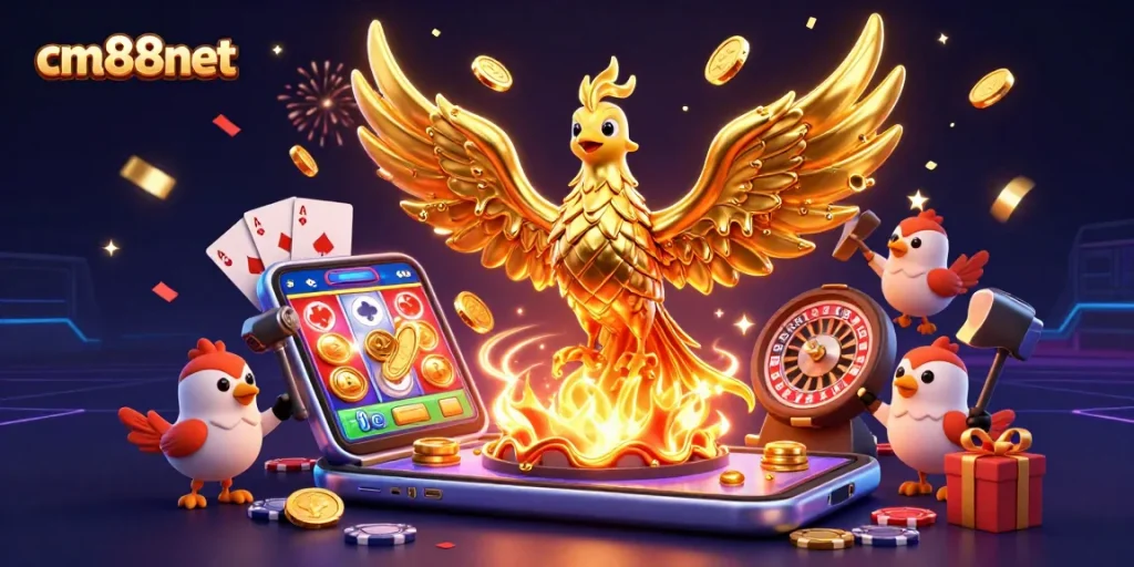 Experience the thrilling essence of cm88net with a golden phoenix and dynamic gaming elements.