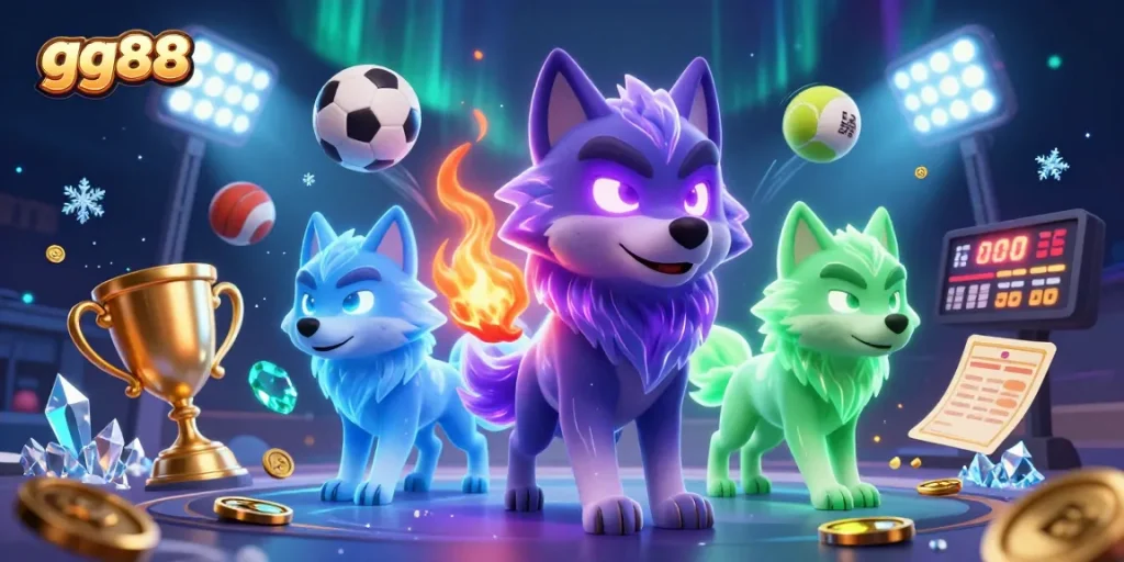Engage in thrilling gaming action at gg88 with a dynamic 3D illustration of spectral wolves and vibrant casino elements.