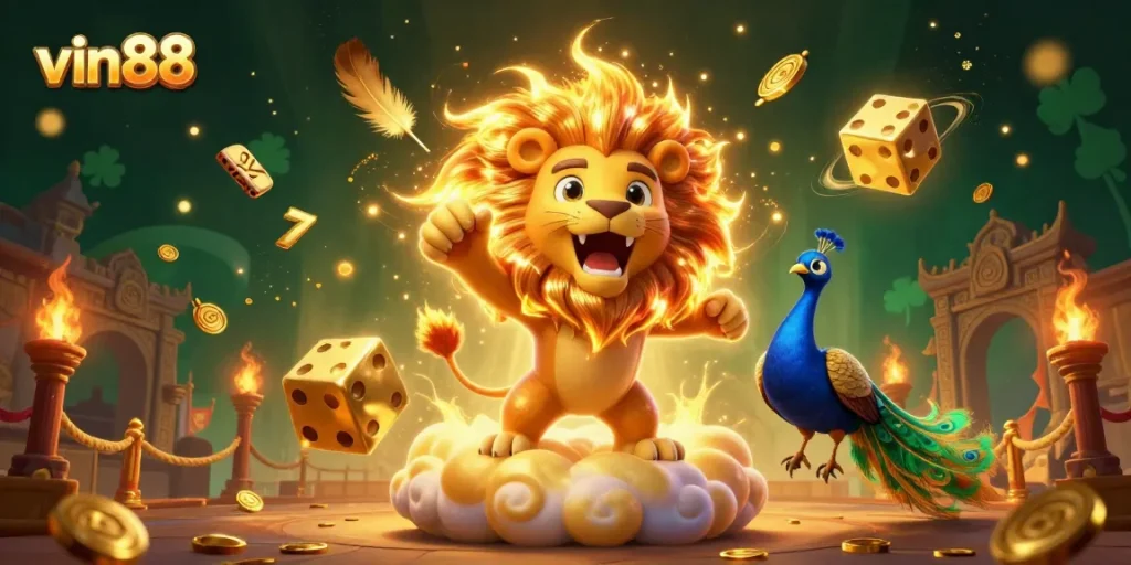 Experience the excitement of gaming at vin88 with vibrant 3D lion and golden dice in action.