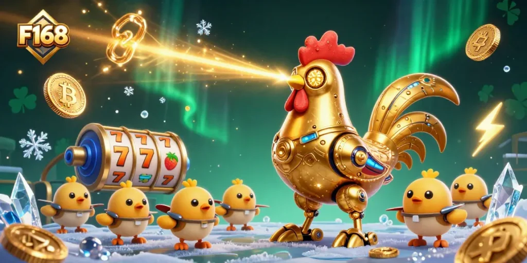 Join the F168 adventure with a golden rooster robot and baby chick drones in this vibrant casino scene.