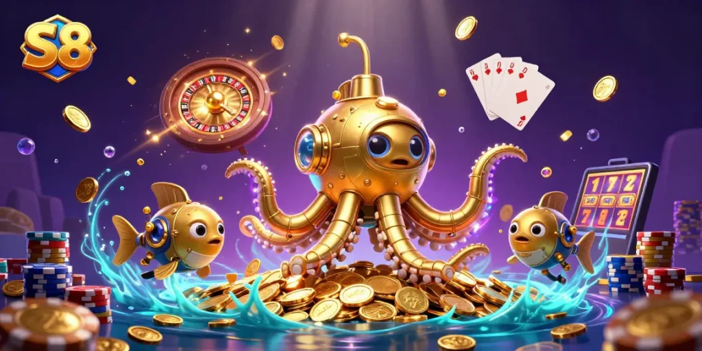 Experience the thrill of S8's virtual casino with a vibrant underwater treasure scene featuring golden kraken.