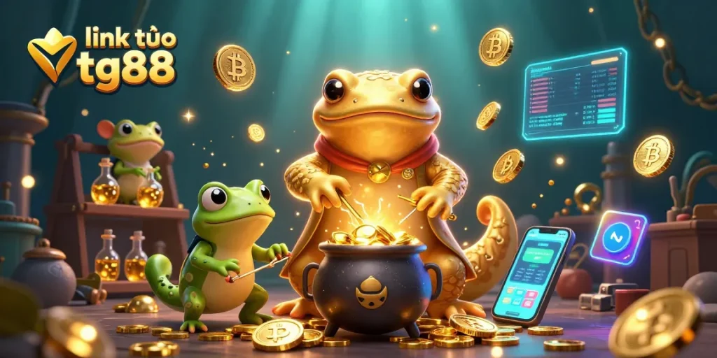Engage with your bets at link vào tg88, showcasing a whimsical 3D casino experience with gold coins and vibrant crypto elements.