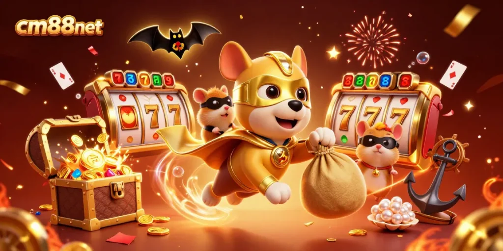 Experience the vibrant adventures of cm88net as a superhero dog and hamster collect riches in a lively casino-themed illustration.