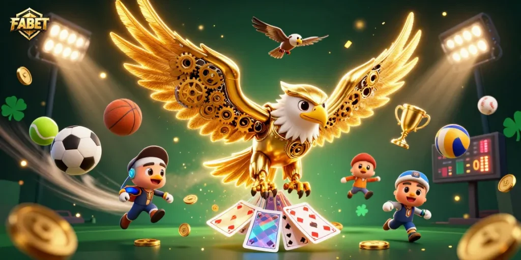 Experience thrilling bets with FABET's dynamic scene of sports balls and a golden eagle.