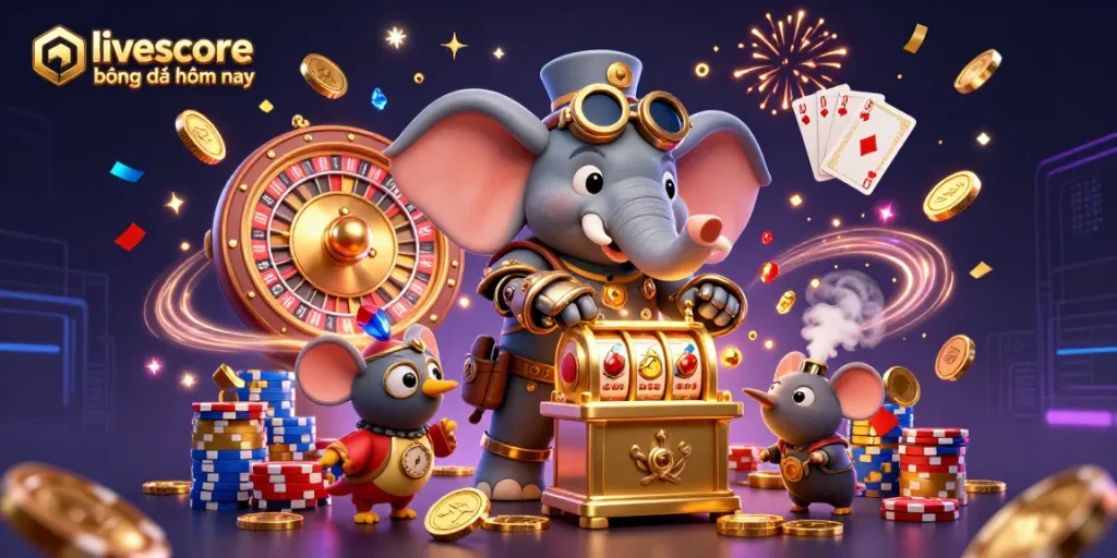 Experience livescore bóng đá hôm nay with thrilling 3D casino-themed action, showcasing vibrant gambling elements.