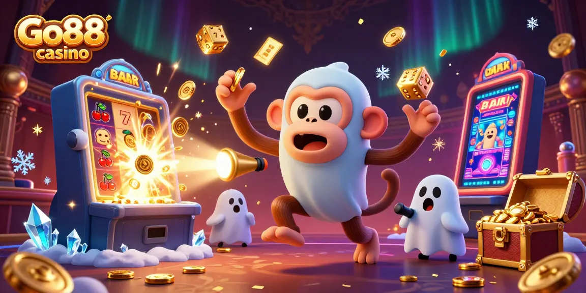 Experience the thrilling atmosphere of Go88 casino with a curious ghost-hunter puppy tracking a mischievous poltergeist monkey.